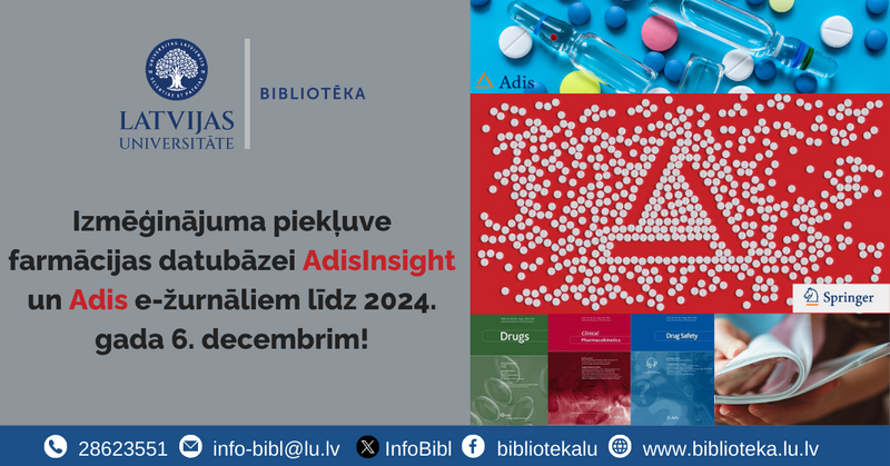 Izmēģinājuma piekļuve farmācijas datubāzei AdisInsight un Adis e-žurnāliem līdz 2024. gada 6. decembrim