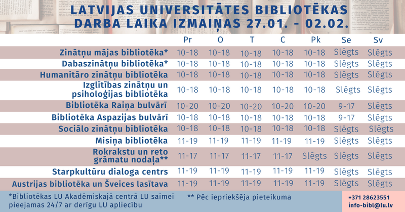 LU bibliotēkas darba laiks reģistrācijas nedēļā!