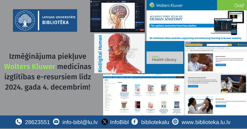 Izmēģinājuma piekļuve Wolters Kluwer medicīnas izglītības e-resursiem līdz 2024. gada 4. decembrim