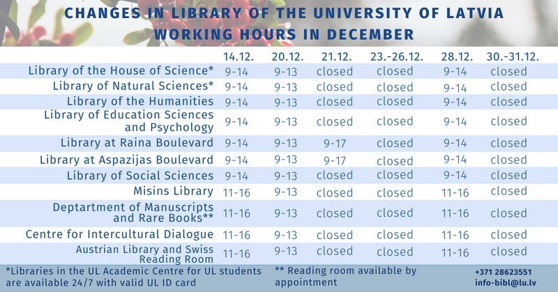 Changes in the working hours Library of the University of Latvia!