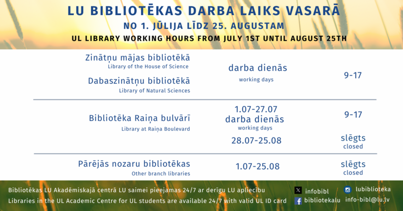 Changes in the working hours Library of the University of Latvia!