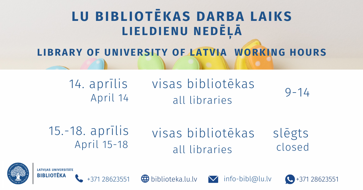 LU Bibliotēkas darba laiks Lieldienu nedēļā